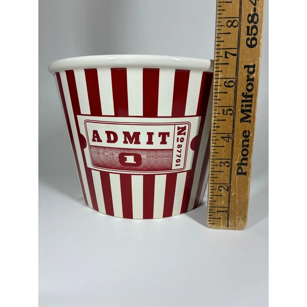 Williams Sonoma Popcorn Bowl Ceramic Red White Striped Admit One Movie Night